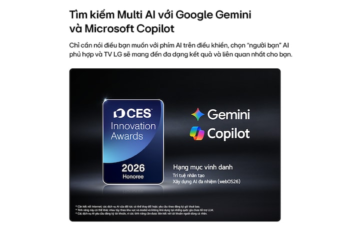 The 2026 CES Innovation Awards Honoree badge in the Artificial Intelligence category recognizes Multi-AI search with Google Gemini and Microsoft Copilot.